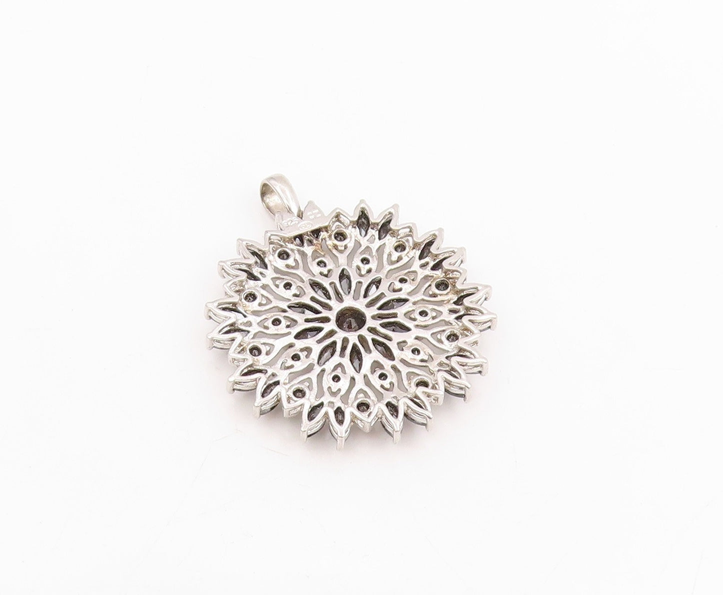 925 Sterling Silver Vintage Pendant Black CZ Floral Starburst Blossom  PT25789