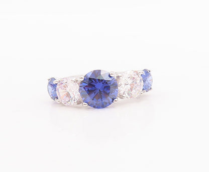 925 Sterling Silver Vintage Ring Round Cut Sapphire & CZ  Sz 7  RG29220
