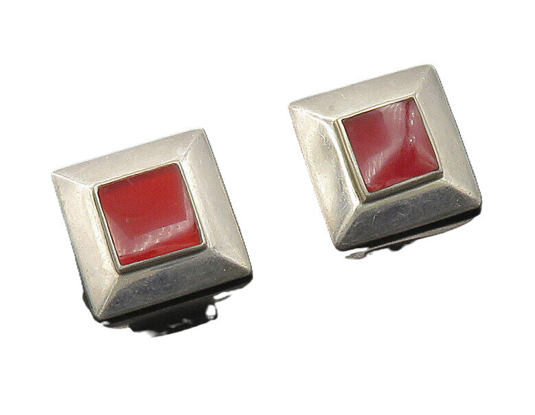 ND 925 Sterling Silver Vintage Inlaid Carnelian Shiny Square Earrings  EG9134