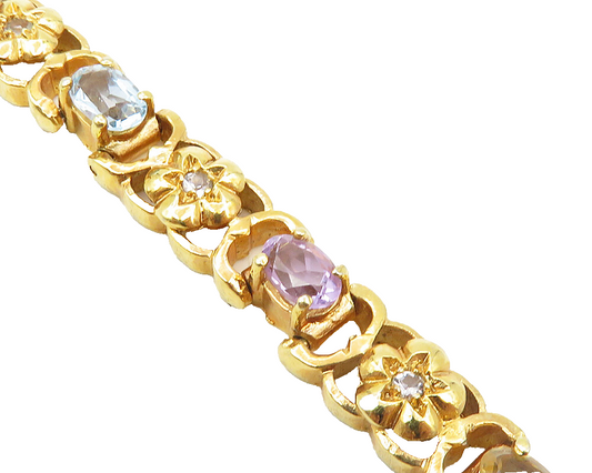 925 Sterling Silver  Tanzanite Topaz & Amethyst Floral Chain Bracelet  BT4350