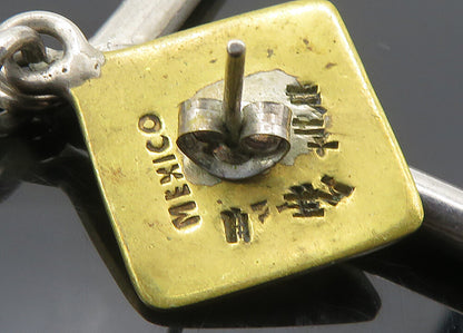 MEXICO 925 Silver  Vintage Heavy Open Square 2 Tone Dangle Earrings  EG10519