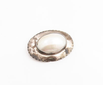 925 Sterling Silver Vintage Brooch NAKAI NAVAJO Oval Mother Of Pearl Pin BP11972