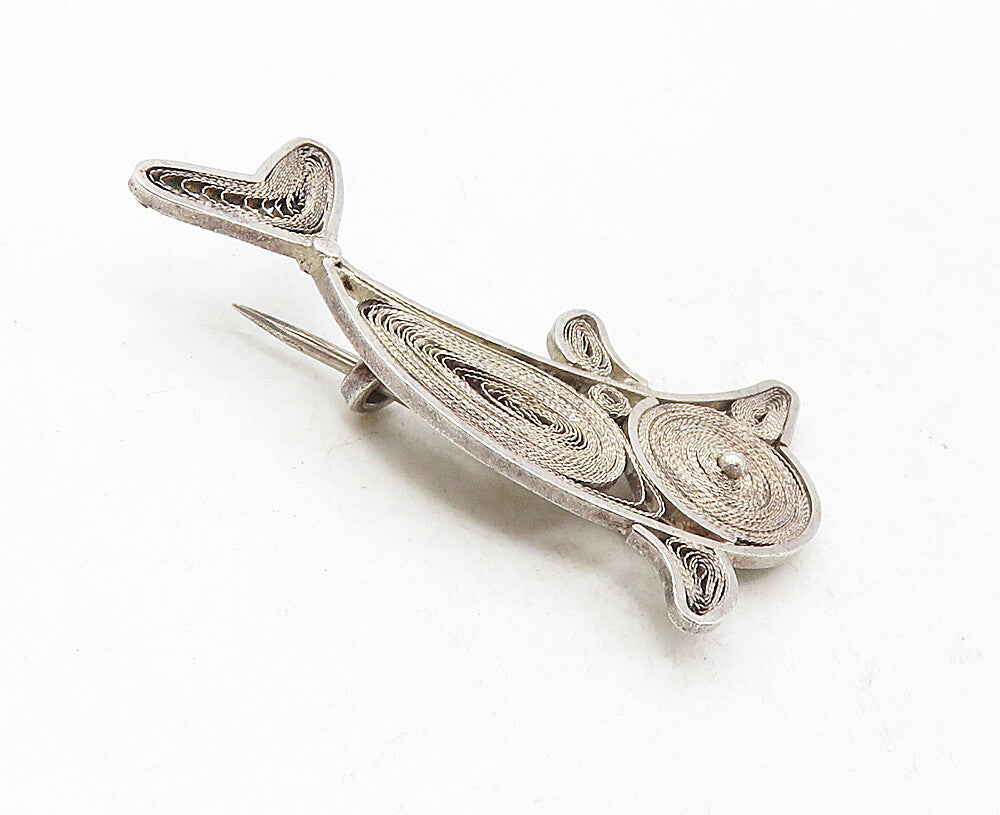 925 Sterling Silver  Vintage Antique Filigree Dolphin Motif Brooch Pin  BP3516