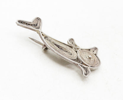 925 Sterling Silver  Vintage Antique Filigree Dolphin Motif Brooch Pin  BP3516