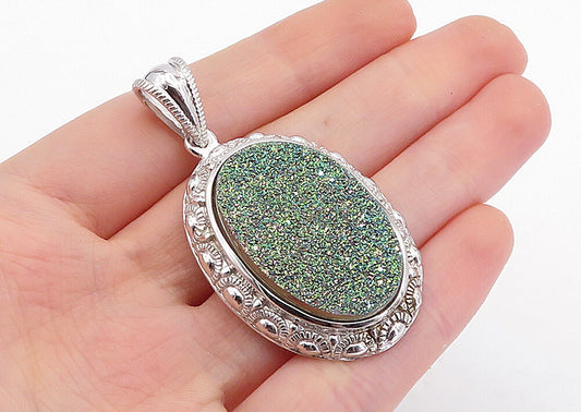 925 Sterling Silver  Vintage Green Druzy Patterned Border Drop Pendant  PT3697