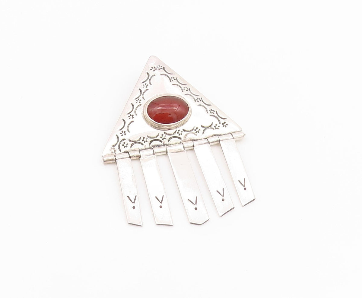 925 Sterling Silver Vintage Brooch Cabochon Carnelian Etched Triangle  BP11679