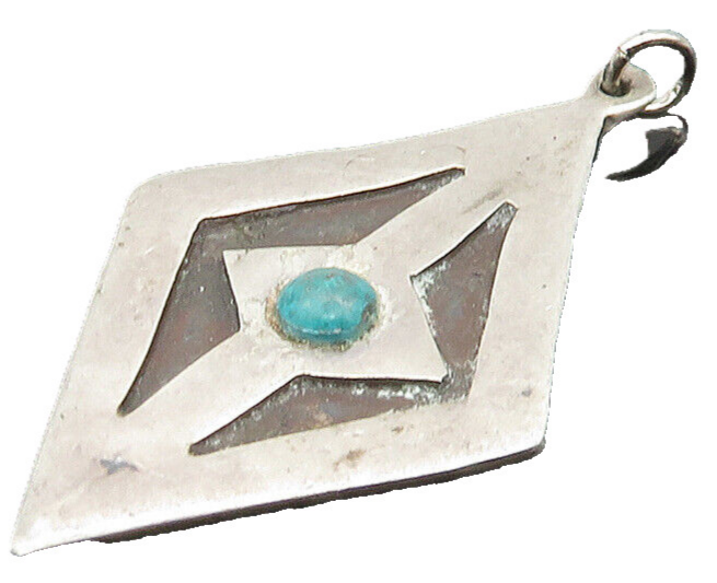 MEXICO 925 Silver  Vintage Antique Turquoise Diamond Shape Pendant  PT15718
