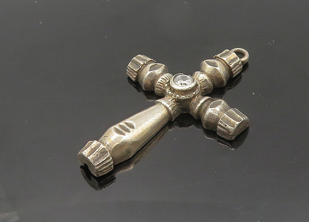925 Sterling Silver  Vintage Cubic Zirconia Religious Cross Pendant  PT16747