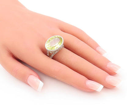 925 Sterling Silver Vintage Ring Large Oval Cut Lime Quartz & CZ  Sz 7  RG29471