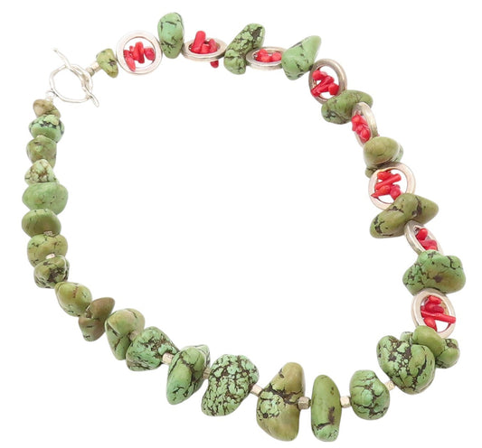 925 Sterling Silver Vintage Necklace Brutalist Cutout Coral & Turquoise  NE4485