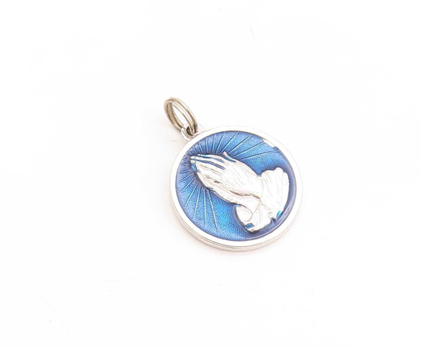 925 Sterling Silver Vintage Pendant Enameled Carved Praying Hands  PT23821