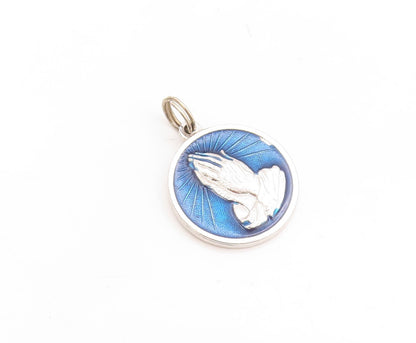 925 Sterling Silver Vintage Pendant Enameled Carved Praying Hands  PT23821
