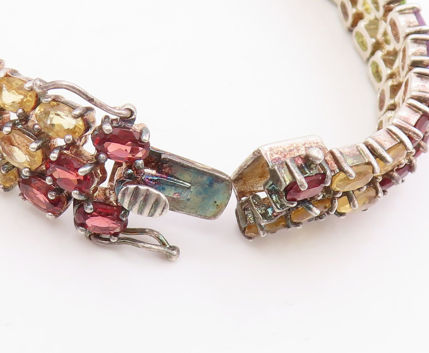 925 Sterling Silver Vintage Bracelet Oval Cut Multi Gemstone Triple Row  BT11689