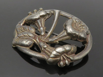 925 Sterling Silver  Vintage Oxidized Floral Motif Oval Brooch Pin  BP5427