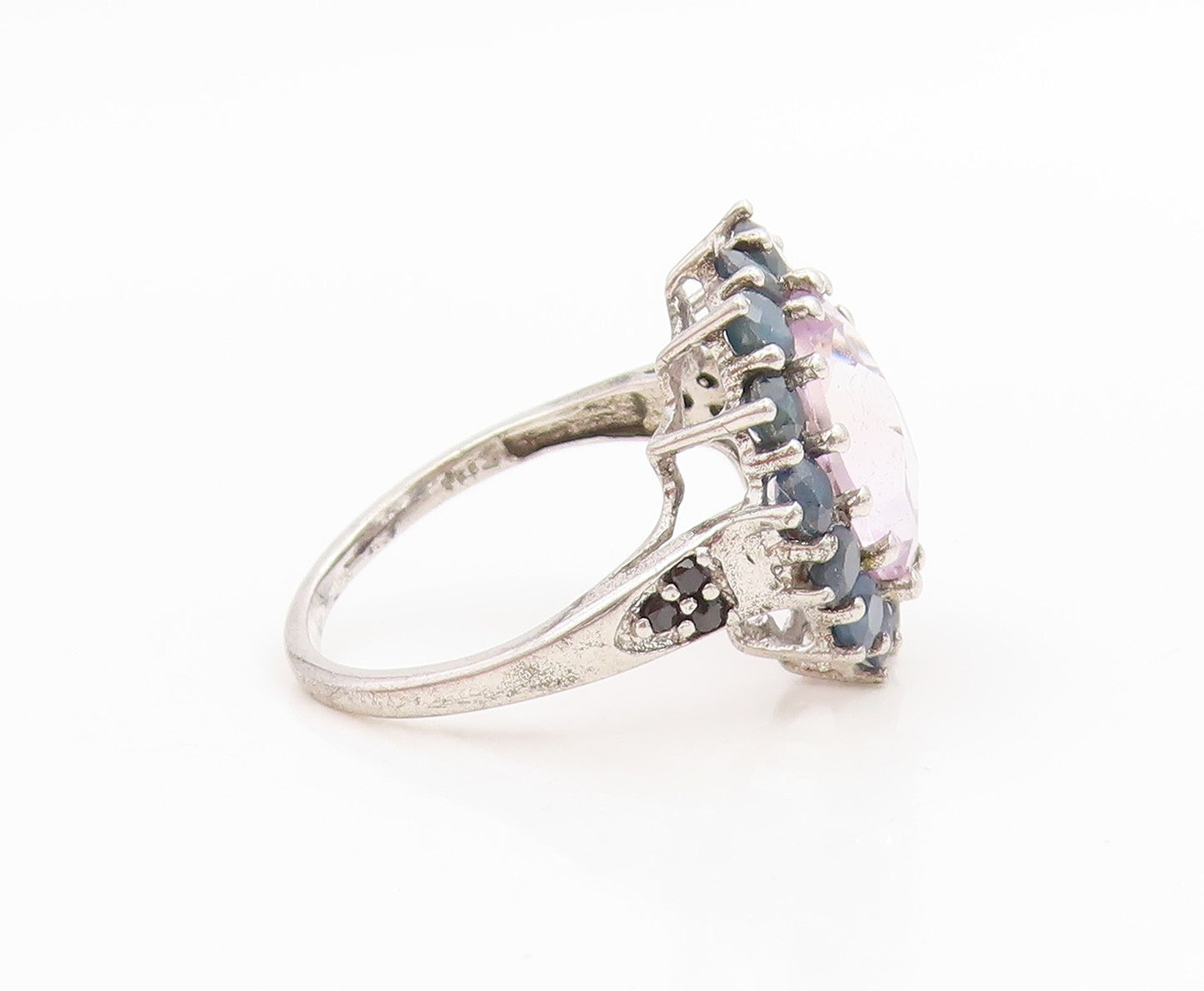 925 Sterling Silver Vintage Ring Rose Quartz & Halo Sapphire Band  Sz 8  RG36191