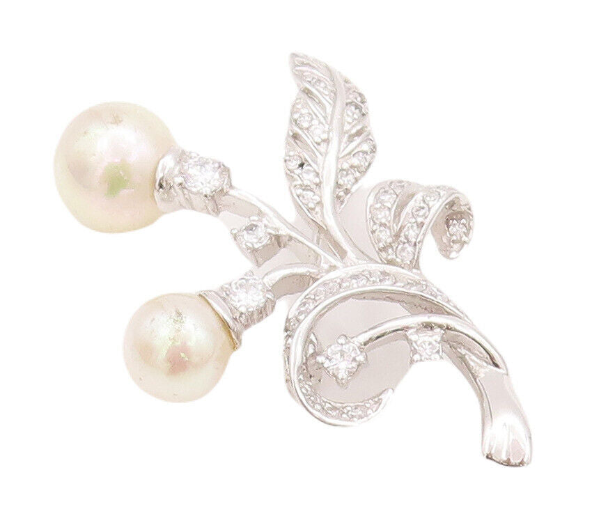 925 Sterling Silver Vintage Brooch Pin Floral Carved Topaz Beaded Pearls BP10819