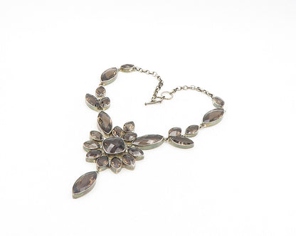 925 Sterling Silver  Vintage Smoky Topaz Floral Motif Chain Necklace  NE3169
