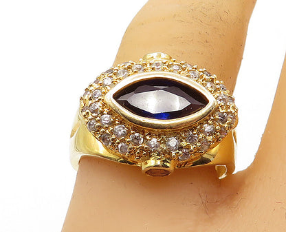 925 Silver  Blue & White Topaz Shiny Gold Plated Cocktail Ring Sz 8.5  RG4730
