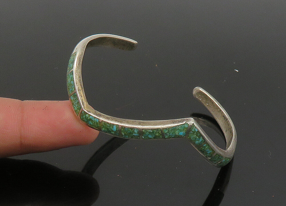 ZUNI NAVAJO 925 Silver  Vintage Inlaid Turquoise Pointed Cuff Bracelet  BT8941