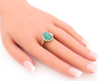 925 Sterling Silver Vintage Ring Gold Plated Diamond Green Gemstone Sz 8 RG29192