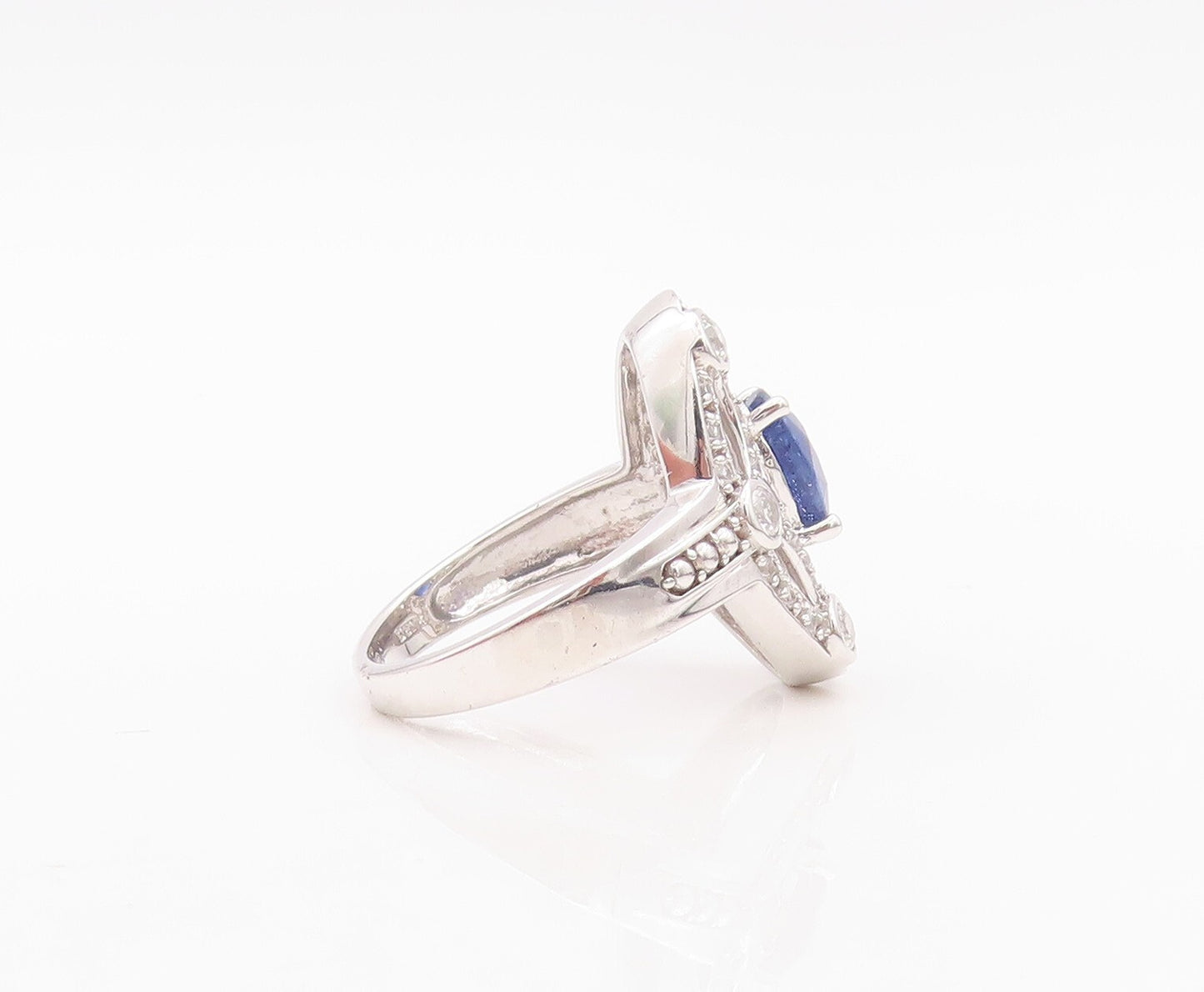 925 Sterling Silver Vintage Ring Oval Sapphire Web Cutout CZ Inlay Sz 7  RG30141