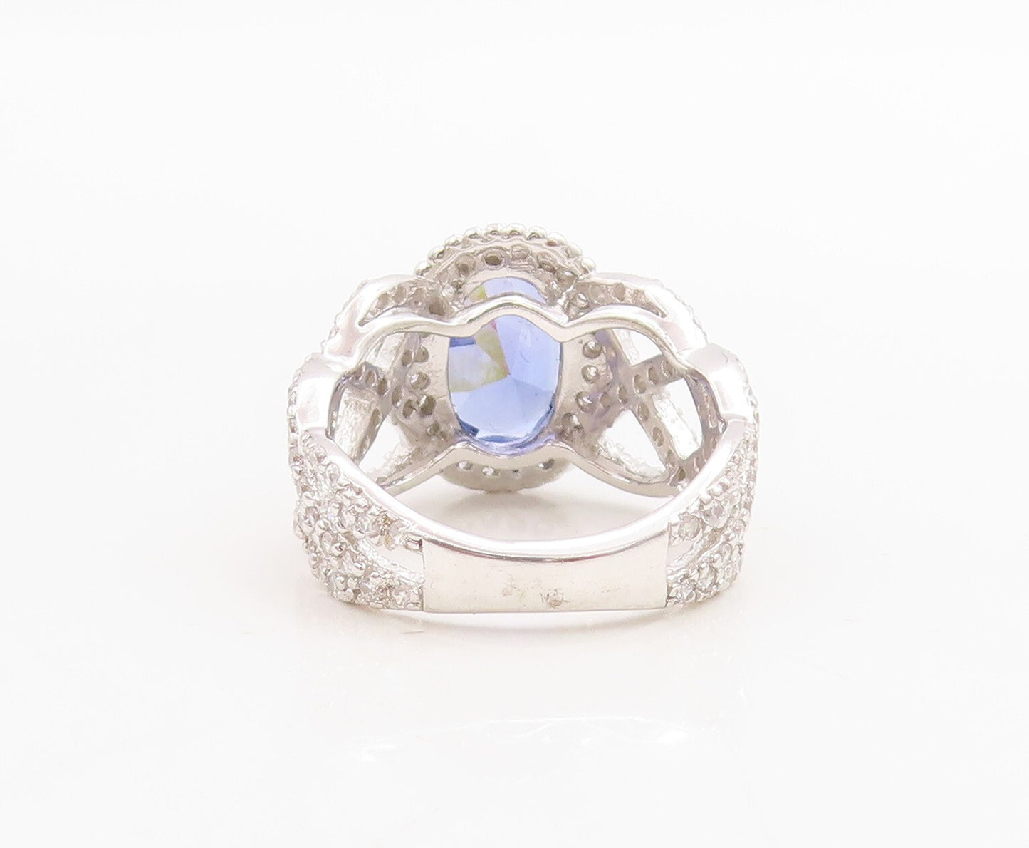 925 Sterling Silver Vintage Ring Designer Cutout Sapphire & CZ  Sz 7.5  RG30522