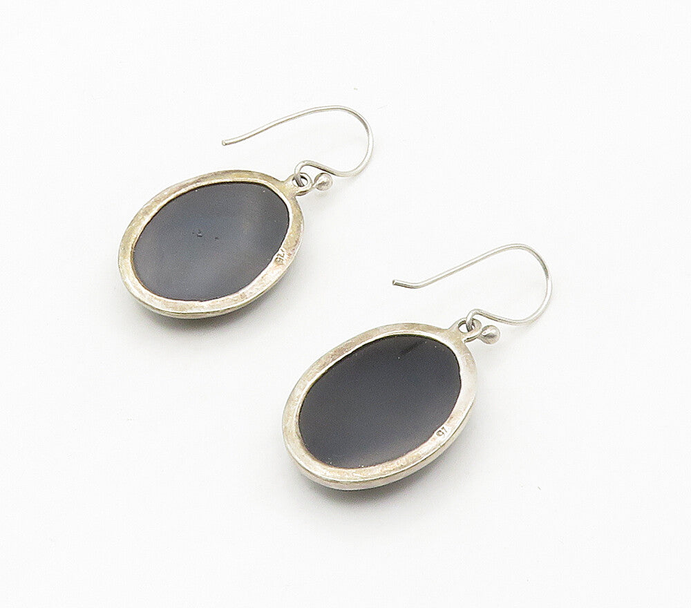 925 Sterling Silver  Vintage Cabochon Cut Black Onyx Dangle Earrings  EG7972