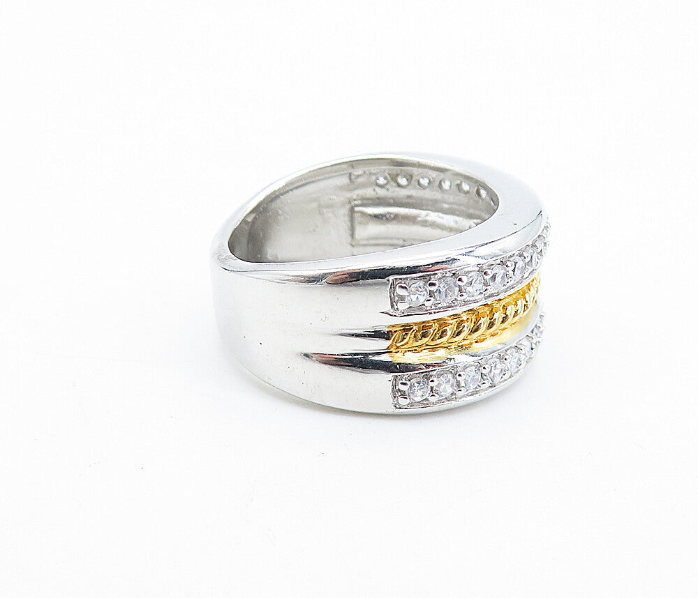 925 Sterling Silver  Cubic Zirconia Two Tone Shiny Twist Band Ring Sz 7 RG6571