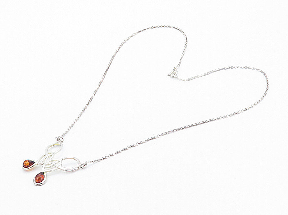 925 Sterling Silver  Cabochon Cut Amber Shiny Knot Chain Necklace  NE1257