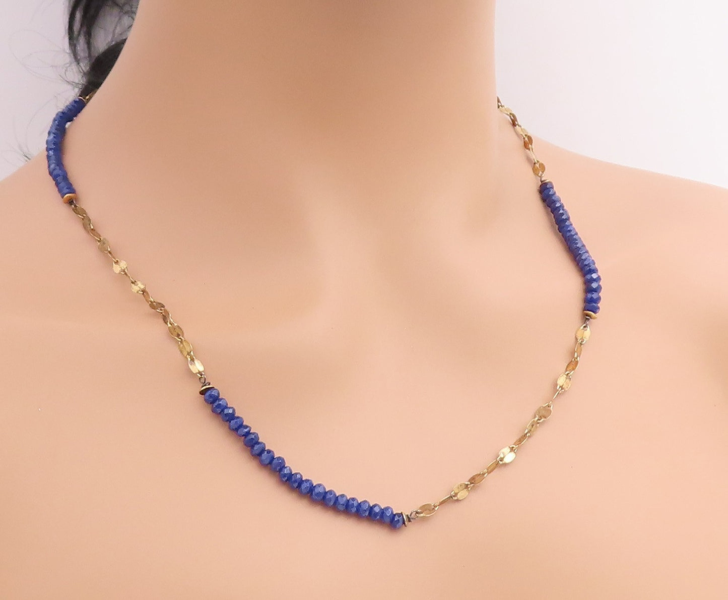925 Sterling Silver Vintage Necklace Gold Plated Lapis Lazuli Bead Chain  NE4932