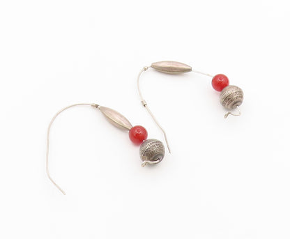 925 Sterling Silver Vintage Earrings Modernist Carnelian Bead Hoops  EG14500