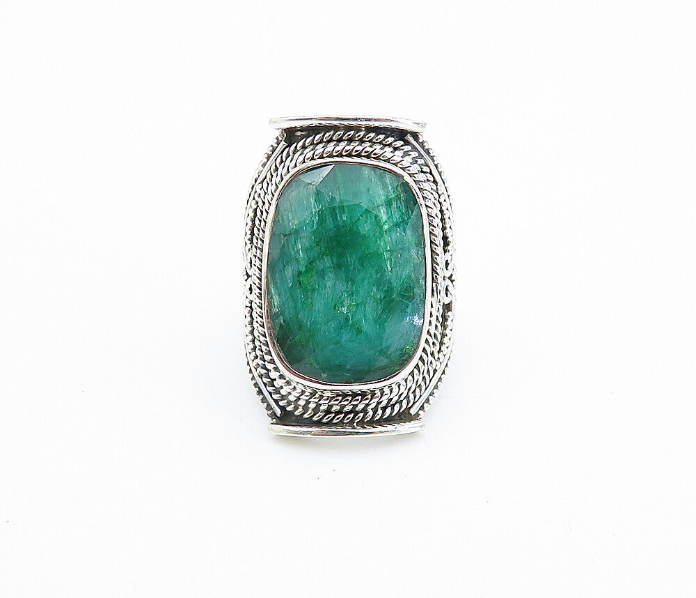 925 Sterling Silver  Faceted Emerald Twist Swirl Cocktail Ring Sz 6.5  RG7803