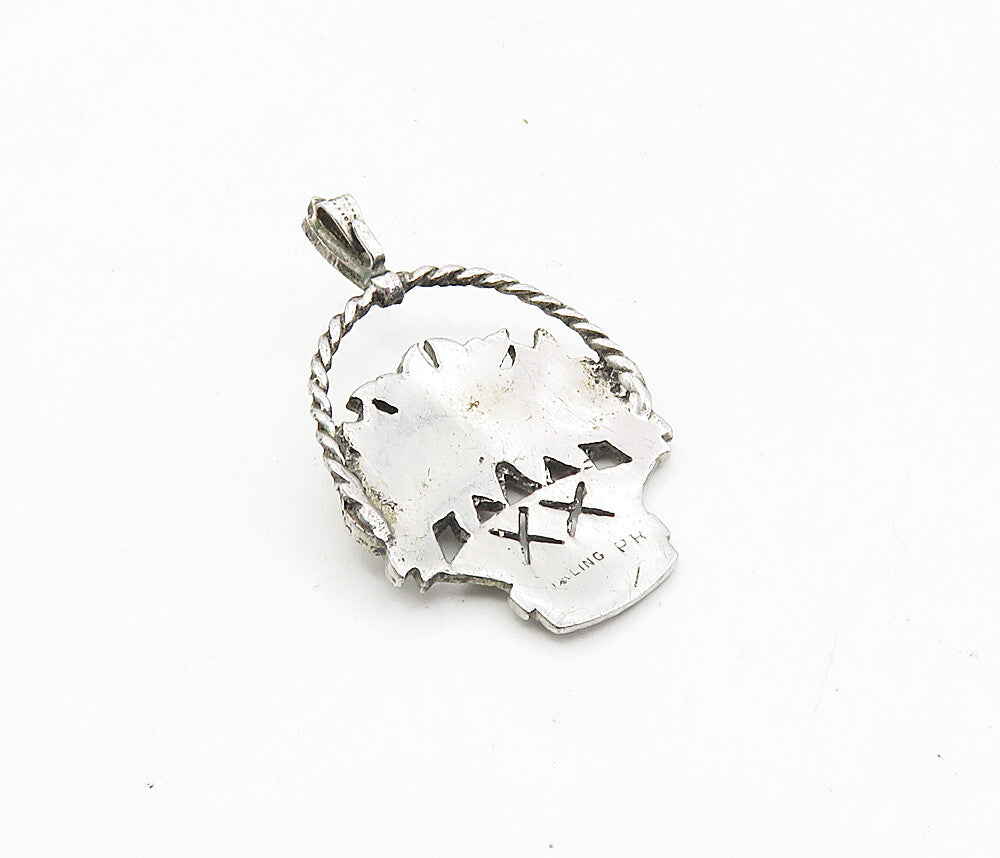 925 Sterling Silver  Vintage Sparkling Flower Basket Motif Pendant  PT6398