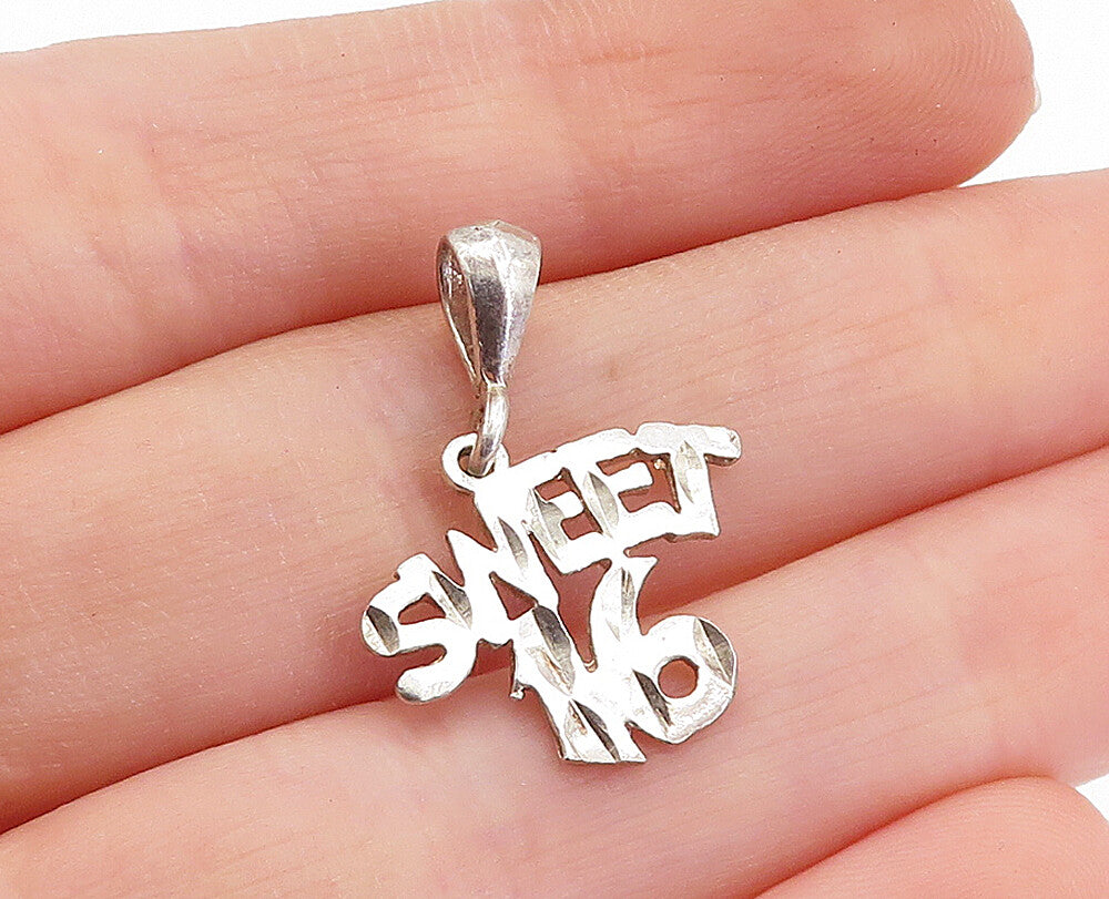 925 Sterling Silver Vintage Petite Shiny Etched Sweet 16 Drop Pendant PT2655