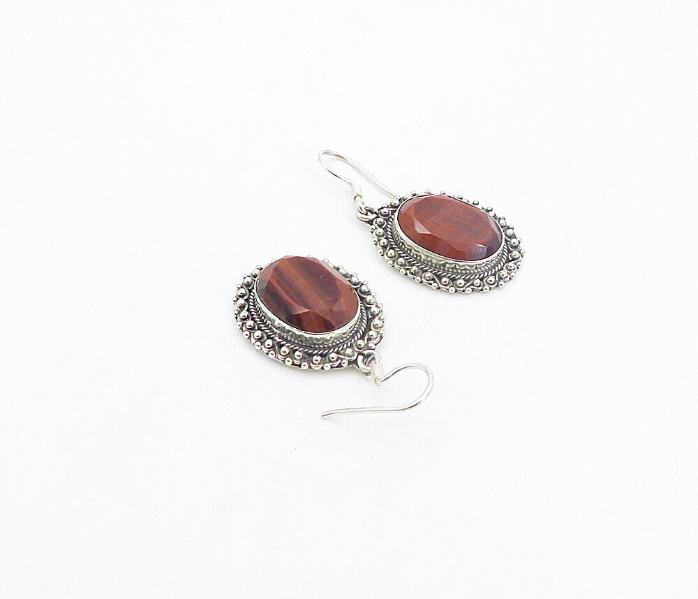 925 Sterling Silver  Vintage Faceted Red Tiger's Eye Dangle Earrings  EG3762