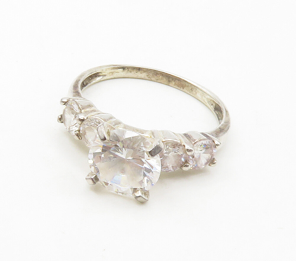 925 Sterling Silver  Vintage Cubic Zirconia Solitaire Accent Ring Sz 8 RG16612