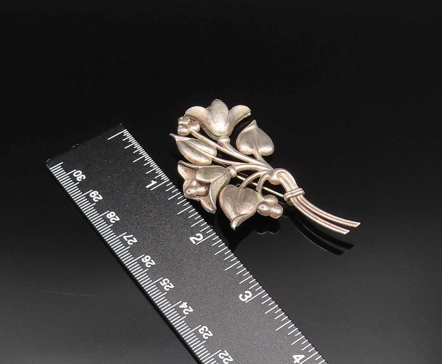 NORSELAND 925 Silver  Vintage Carved Tulip Flower Bouquet Brooch Pin  BP9803