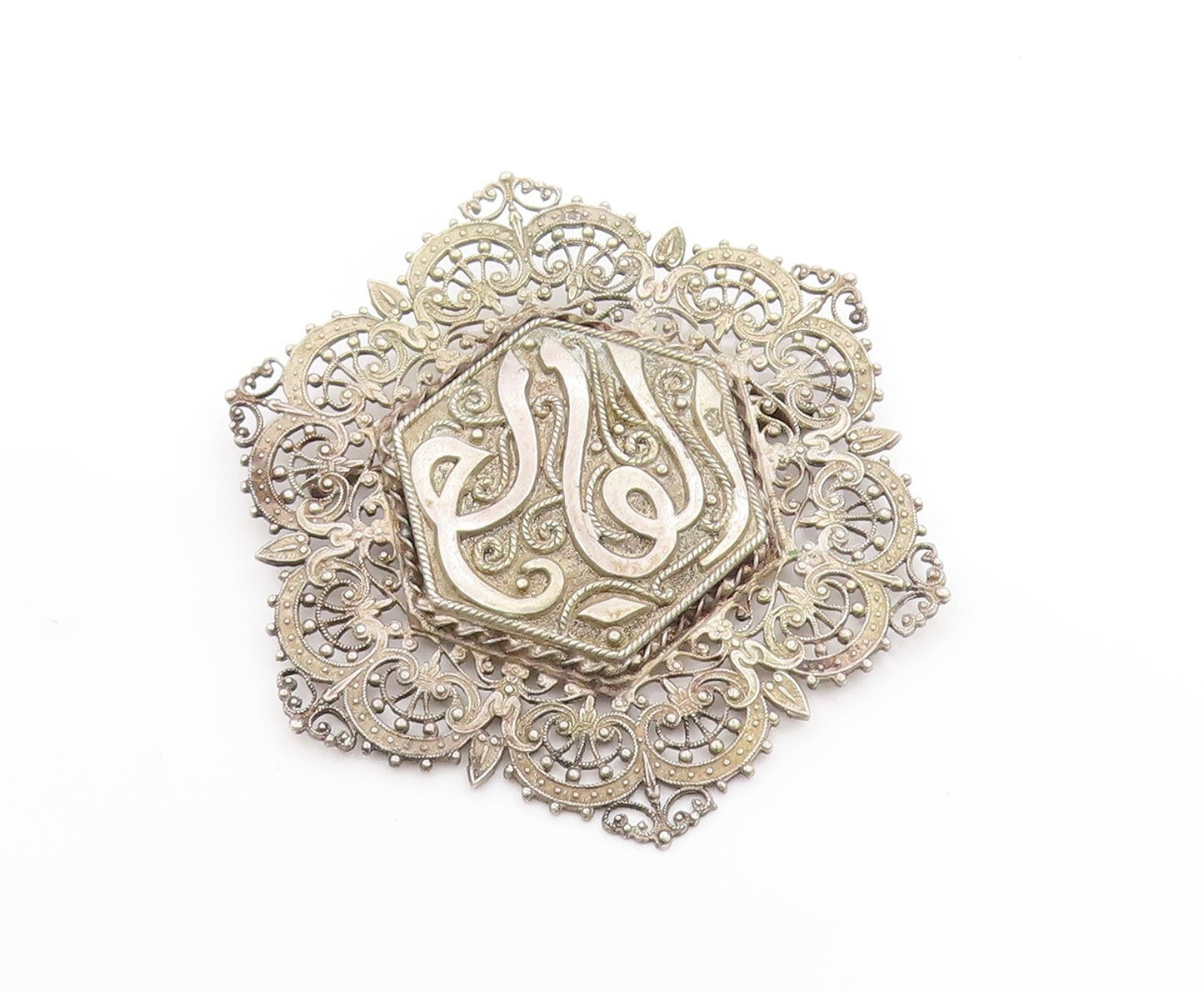 925 Sterling Silver Vintage Brooch Arabic Calligraphy Filigree Design  BP11900