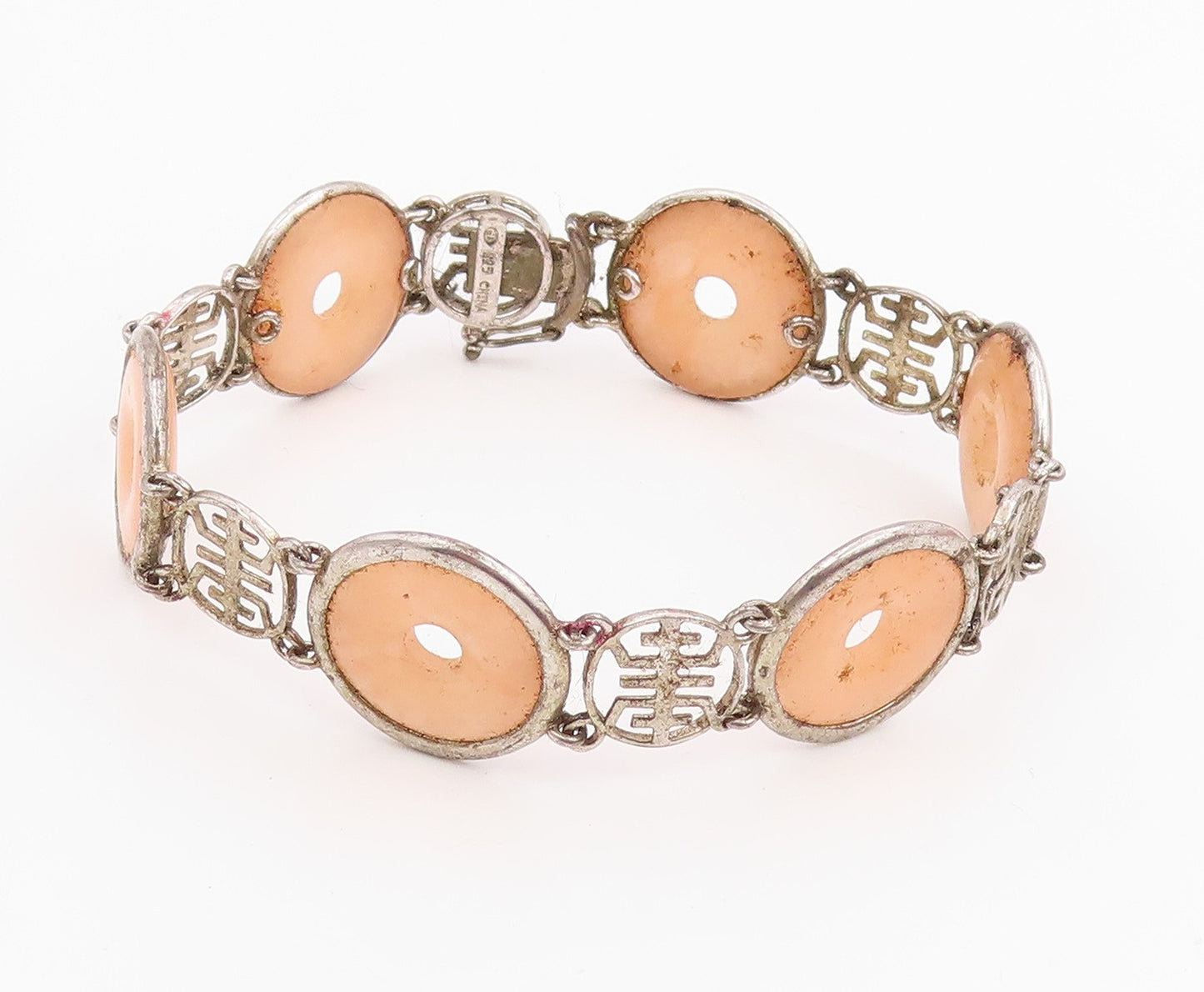 925 Sterling Silver Vintage Bracelet Peach Gemstone Classic Circle Link  BT11982