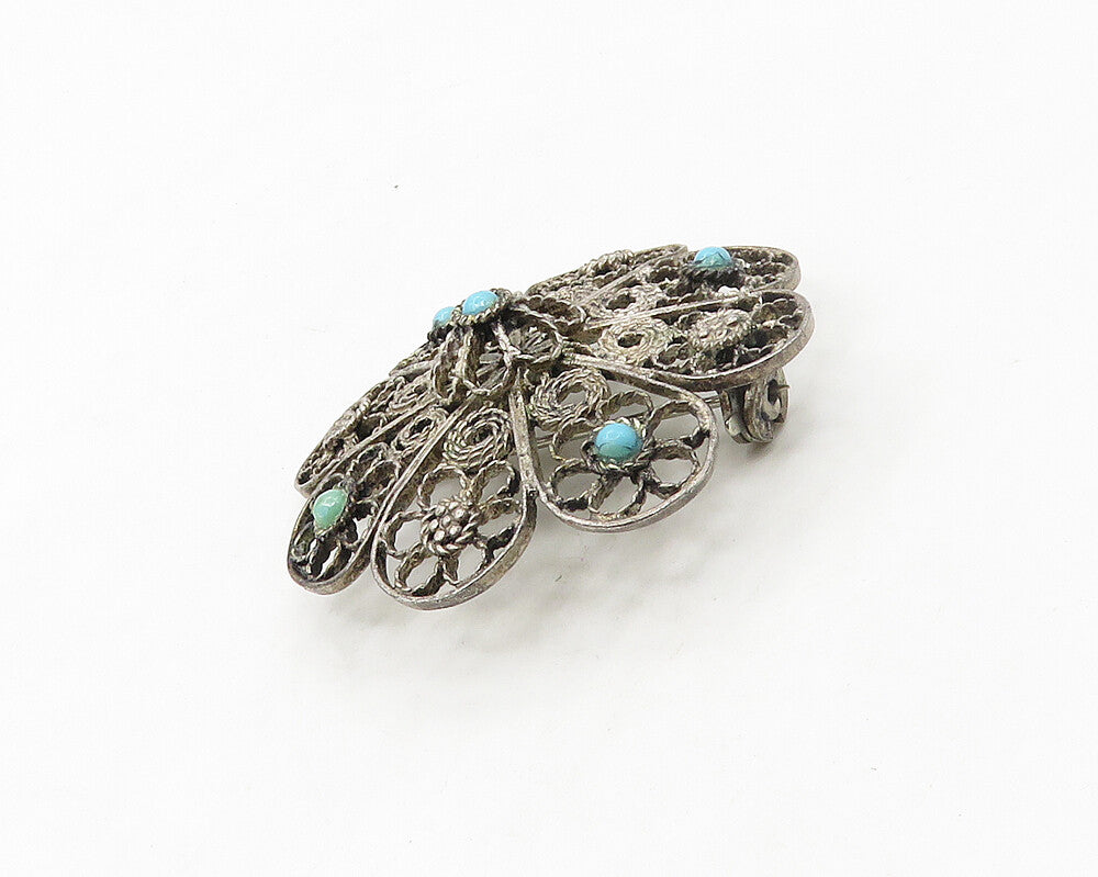 ISRAEL 925 Silver  Vintage Antique Turquoise Flower Motif Brooch Pin  BP6732