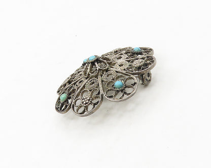 ISRAEL 925 Silver  Vintage Antique Turquoise Flower Motif Brooch Pin  BP6732