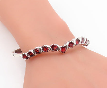 925 Sterling Silver Vintage Bracelet Red Garnet Twisting Ribbon Bangle  BT11605