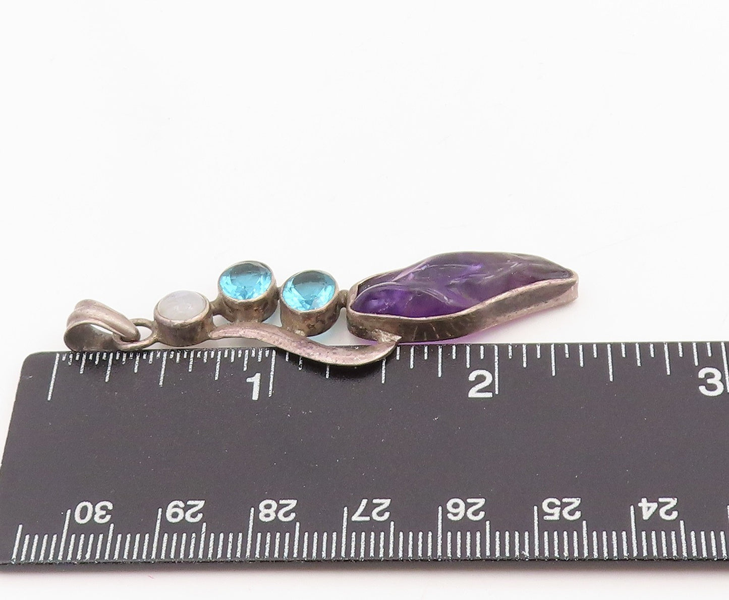 925 Sterling Silver Vintage Pendant Blue Topaz & Amethyst Leaf Drop  PT25572