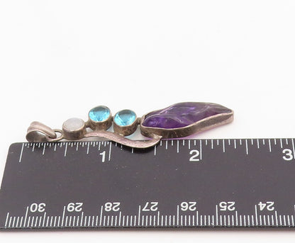 925 Sterling Silver Vintage Pendant Blue Topaz & Amethyst Leaf Drop  PT25572