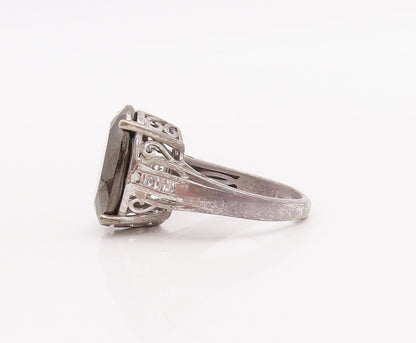 925 Sterling Silver Vintage Ring D'JOY Carved Neck Hematite & CZ  Sz 7  RG28936