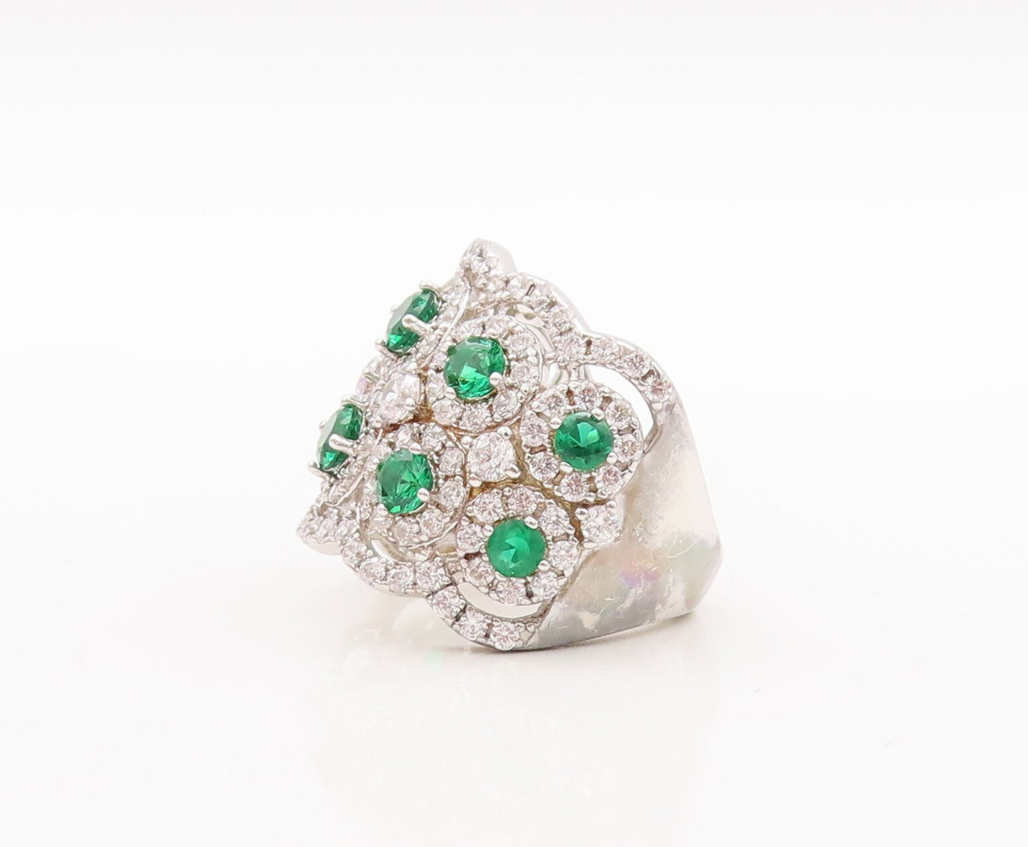925 Sterling Silver Vintage Ring Round Cut Green Halo White CZ  Sz 7.5 RG29516