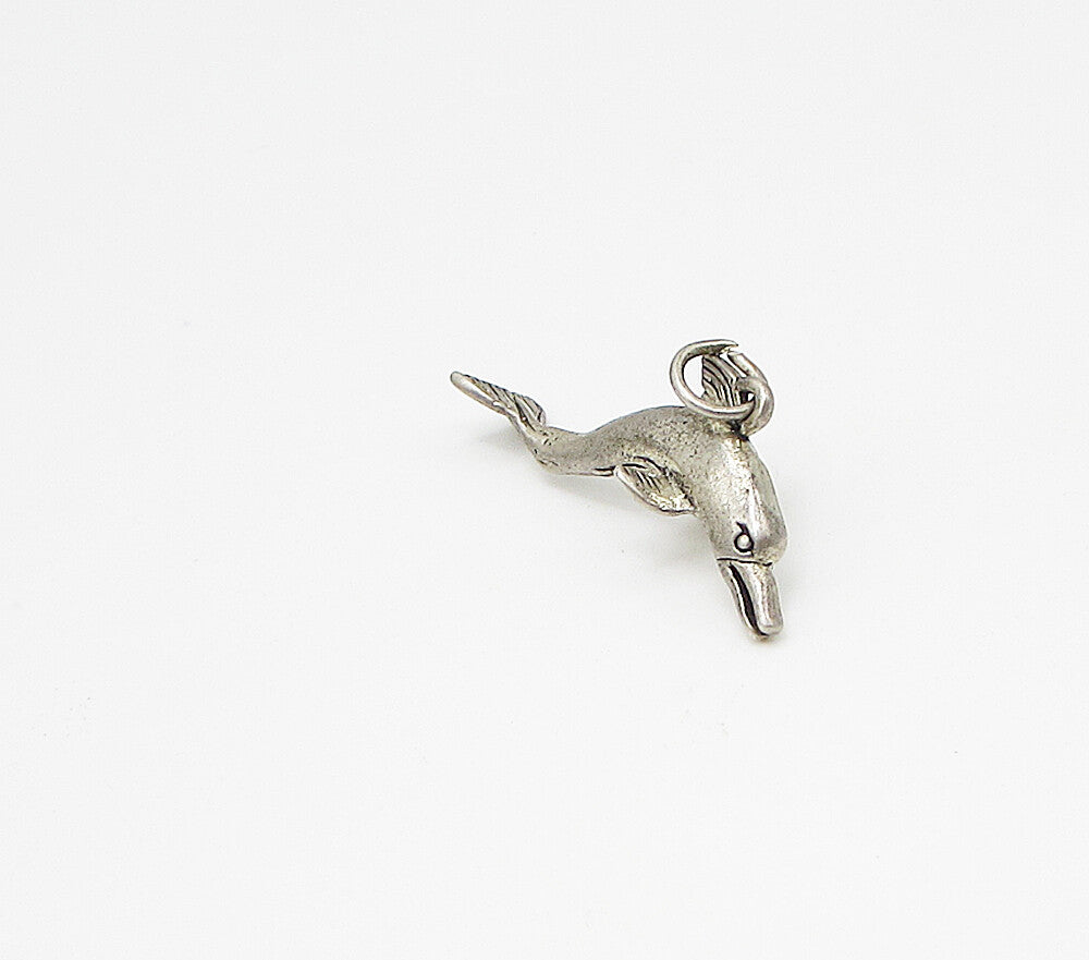 925 Sterling Silver  Vintage Swimming Dolphin Charm Pendant  PT2250