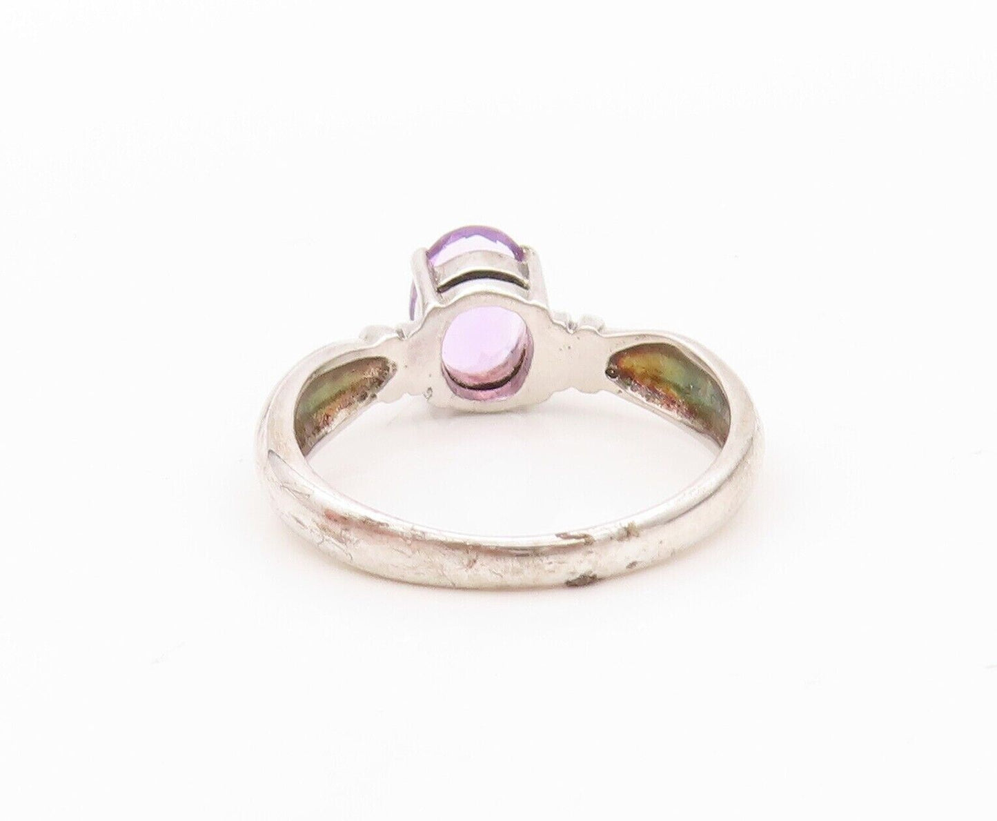 925 Sterling Silver Vintage Ring Grooved Neck Oval Amethyst  Sz 8  RG30282