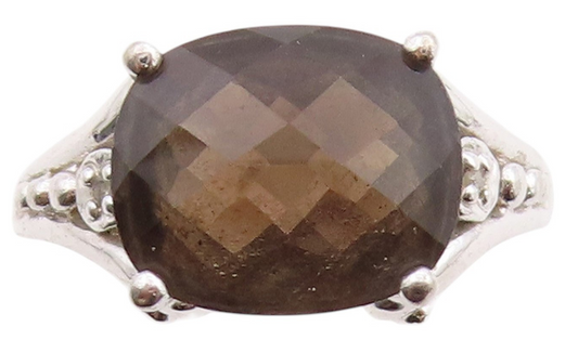925 Sterling Silver Vintage Ring Diamonds & Oval Cut Smoky Quartz  Sz 7  RG33186