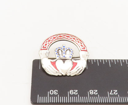 925 Sterling Silver  Vintage Red & Blue Enameled Claddagh Brooch Pin  BP10436